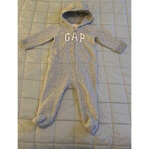 Gap Baby One Piece Hooded Fleece Bunting Suit Gray Bear Ears Footed Zip Size 6-1